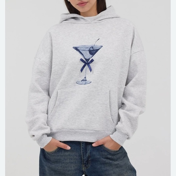 subbued Jackets & Blazers - Gray Hoodie with Blue Graphic Design